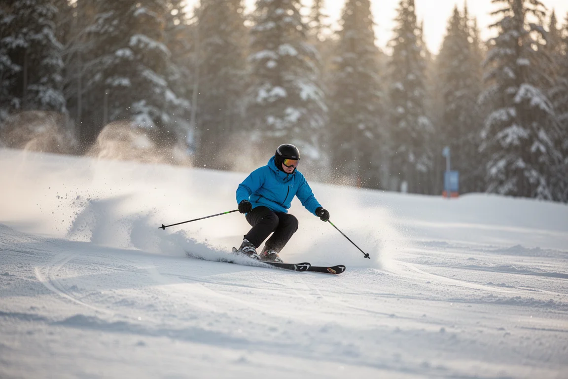 Skier carving a smooth mid-radius turn on a groomed blue run in morning light