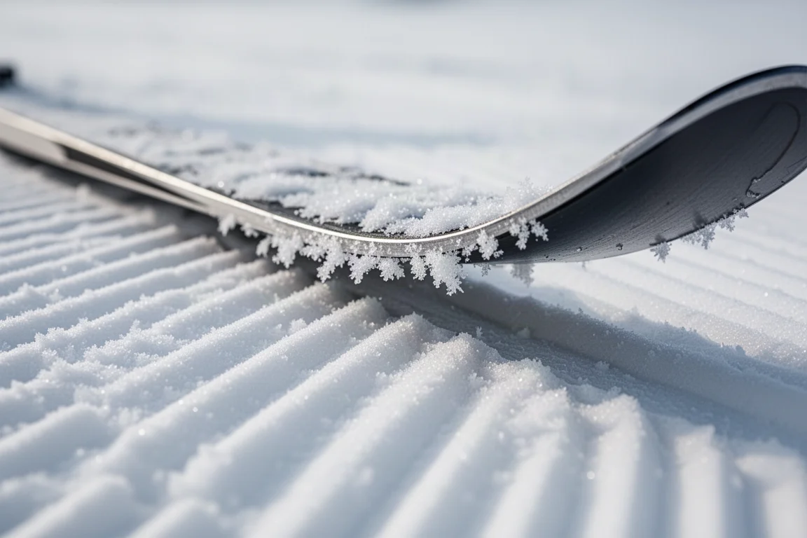 Close-up of a ski edge biting into firm groomed corduroy snow at a high edge angle