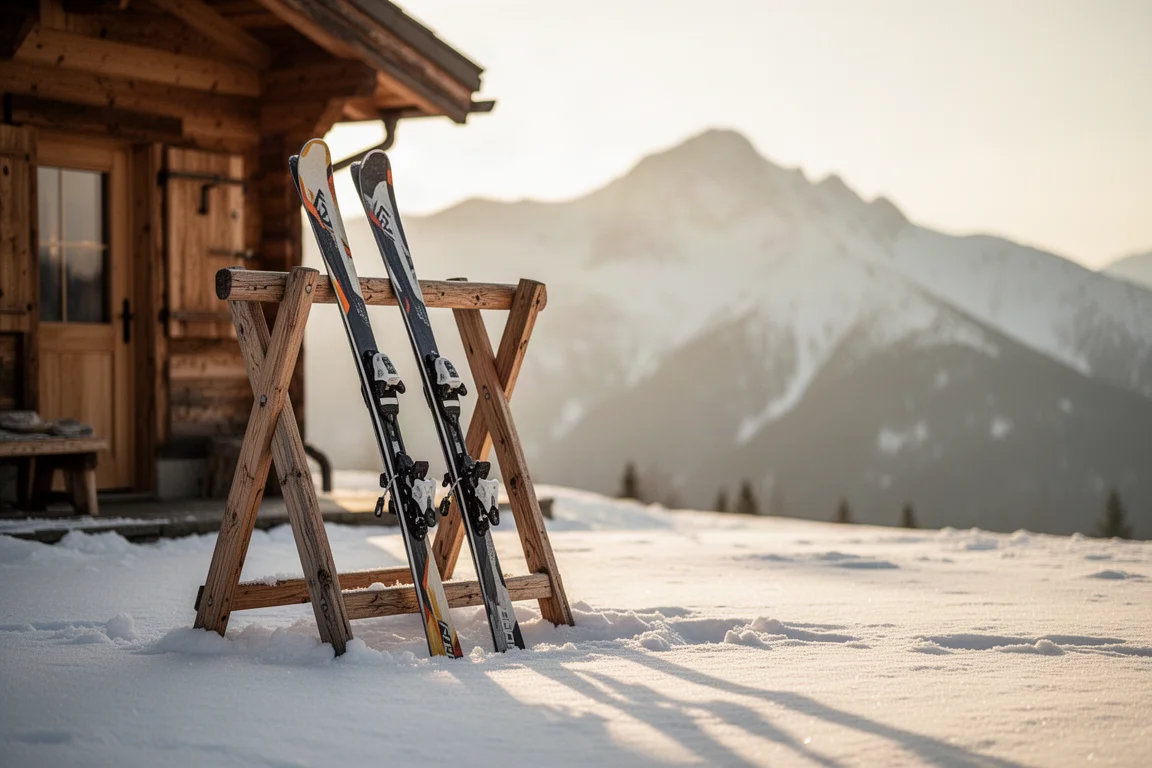 Skis leaning against a wooden rack outside a lodge in late afternoon winter light