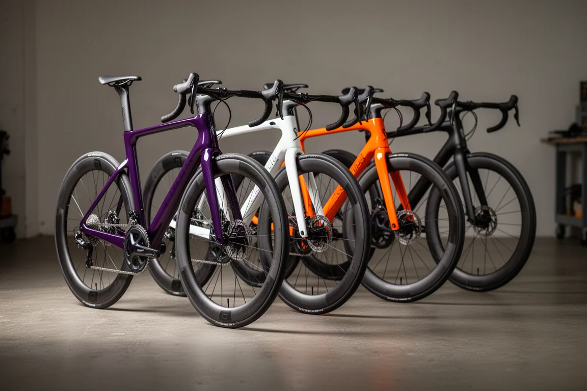 Drie moderne aero racefietsen naast elkaar in profiel op beton