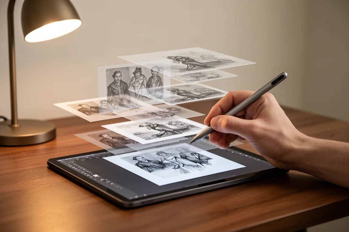 Artist using a stylus on a tablet showing a layered 3D drawing scene