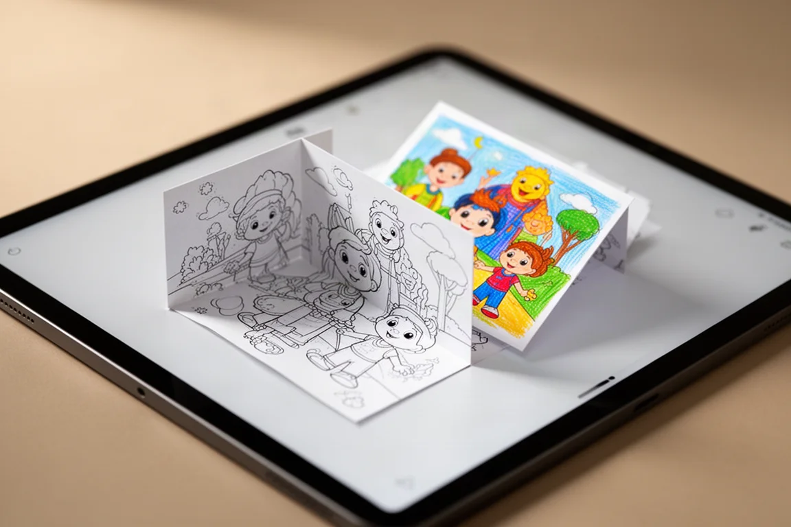 Tablet screen showing a 3D coloring page with separate line and color layers