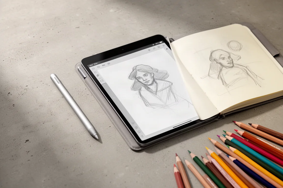 Flat lay of stylus, tablet and sketchbook on a concrete surface