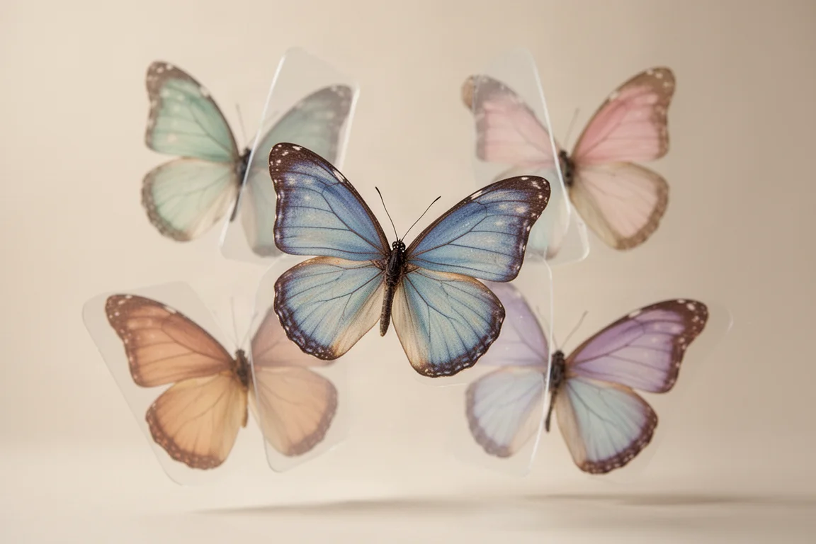 Butterfly artwork with separated wings arranged across floating transparent planes in 3D space