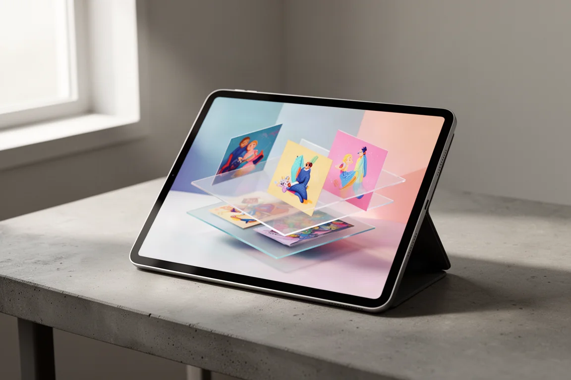 桌上的 iPad 顯示多層次的 3D 插畫場景