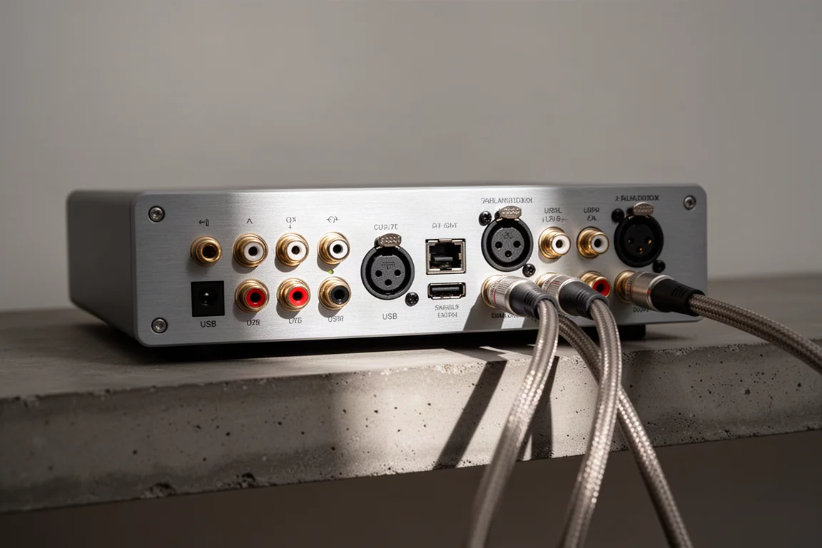 코액시얼, 광, USB, XLR 및 RCA 커넥터가 보이는 데스크톱 DAC의 후면 패널