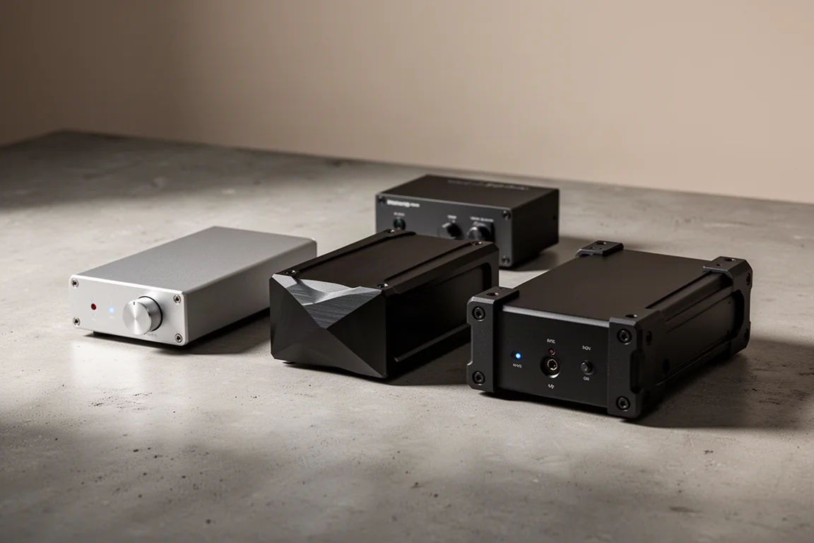 Three compact desktop DACs and a slim linear power supply arranged on a matte concrete surface