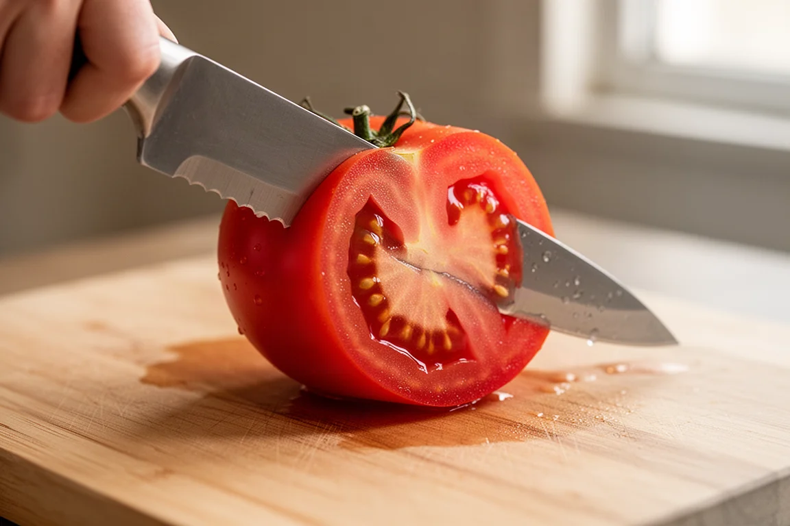 Serrated knife slicing through a ripe tomato on a wooden cutting board