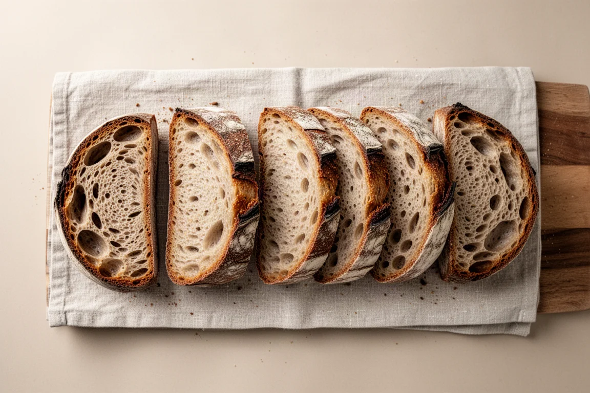 Thick slices of sourdough bread lined up on a cutting board