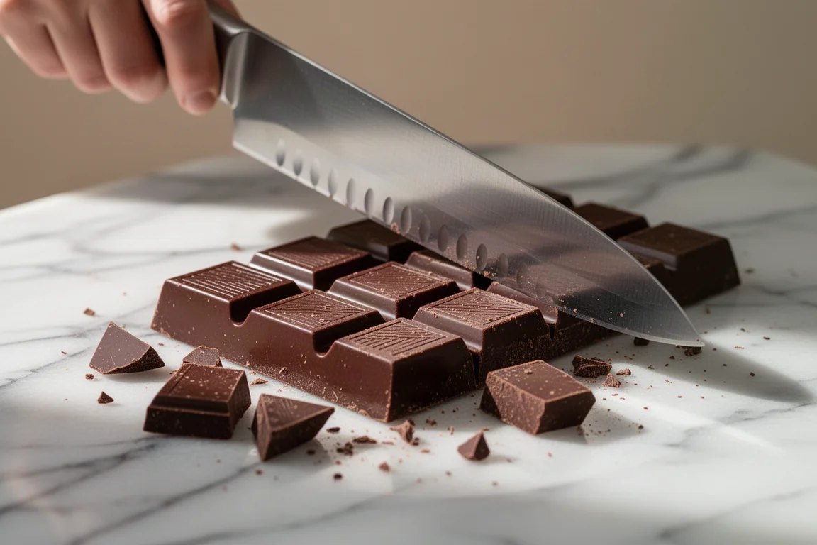 Serrated knife chopping dark chocolate on a cutting board
