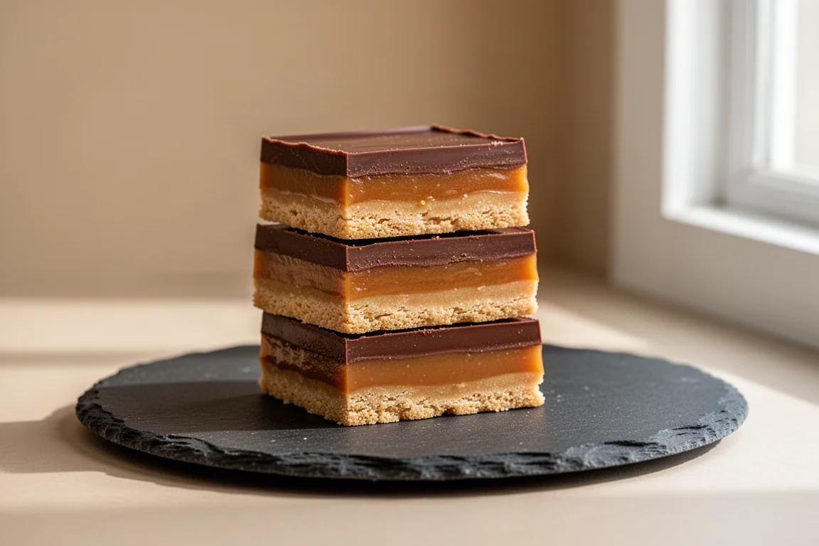 Layered shortbread bars stacked on a slate serving plate