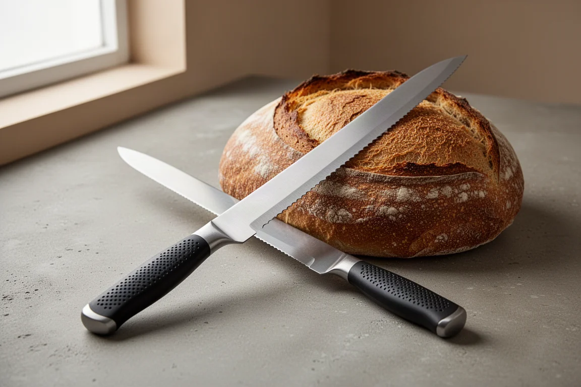 Serrated bread knife beside a crusty sourdough loaf on a concrete surface