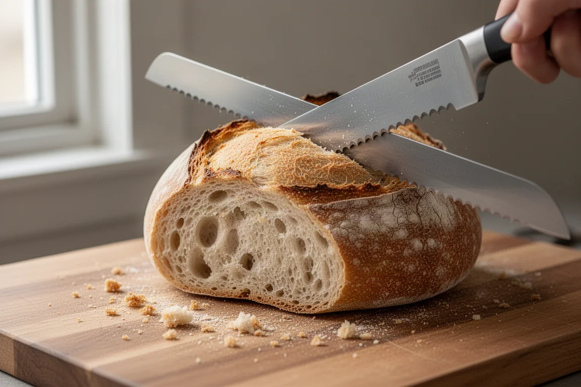 Gezahntes Brotmesser schneidet durch ein knuspriges Sauerteigbrot auf einem Holzbrett