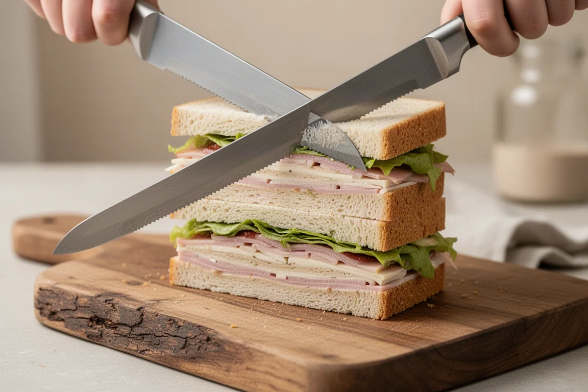 Ein belegtes Sandwich wird mit einem langen gezahnten Messer sauber geschnitten