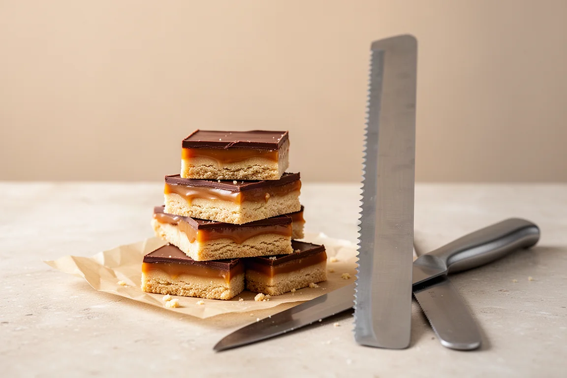 Brotmesser mit hoher Klinge neben einem Stapel geschnittener Shortbread-Schnitte