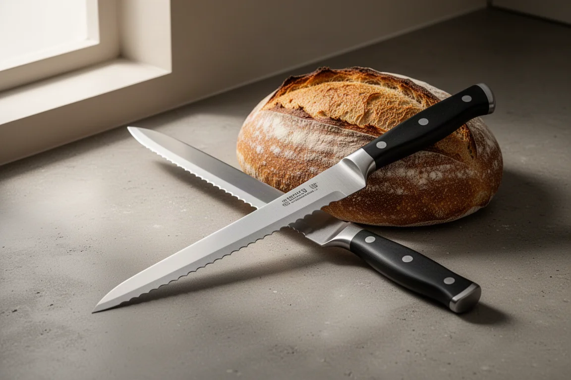 Long serrated bread knife beside a crusty sourdough boule on a concrete counter