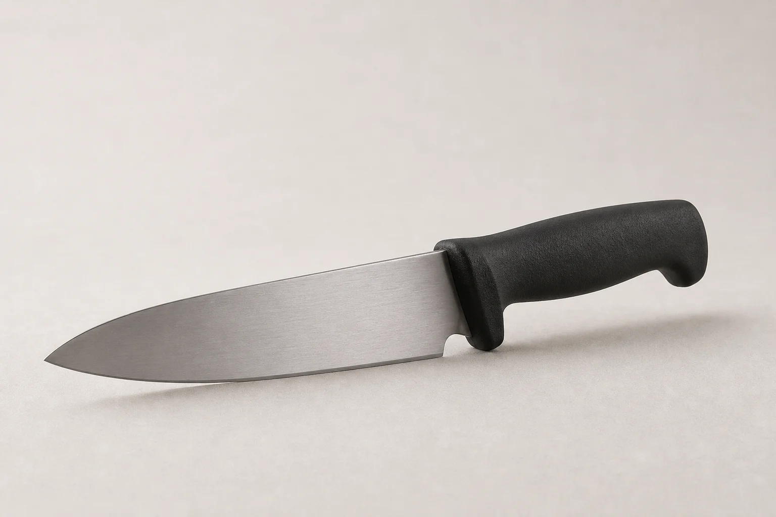 Five chef knives arranged in a row showing different handle styles and blade designs
