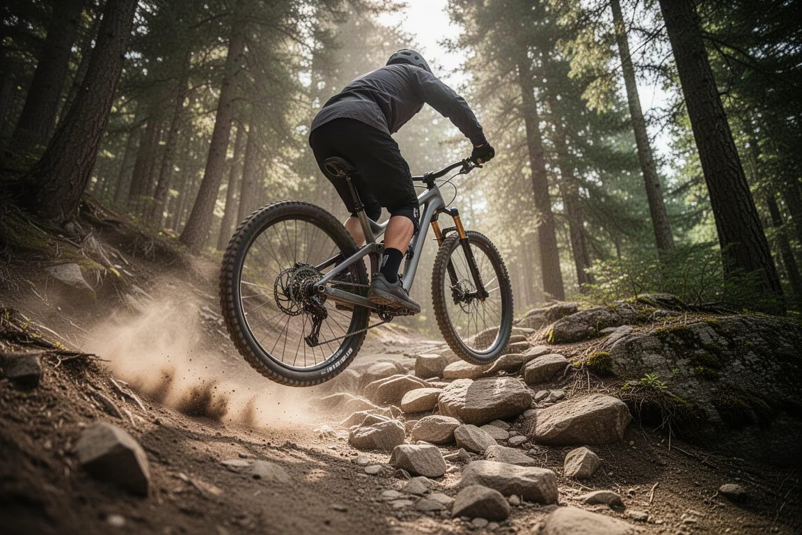 Mountain biker navigating a rocky enduro descent in dappled forest light
