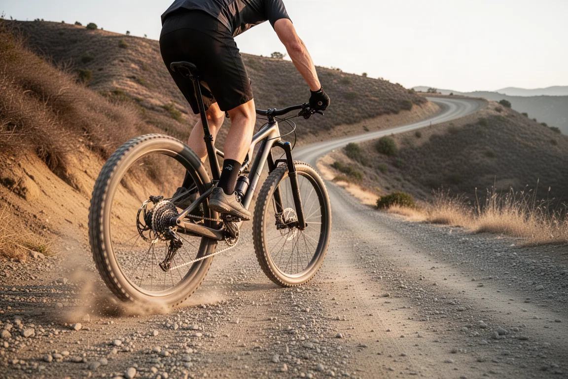 Rider grinding up a steep gravel fire road climb on a full-suspension trail bike