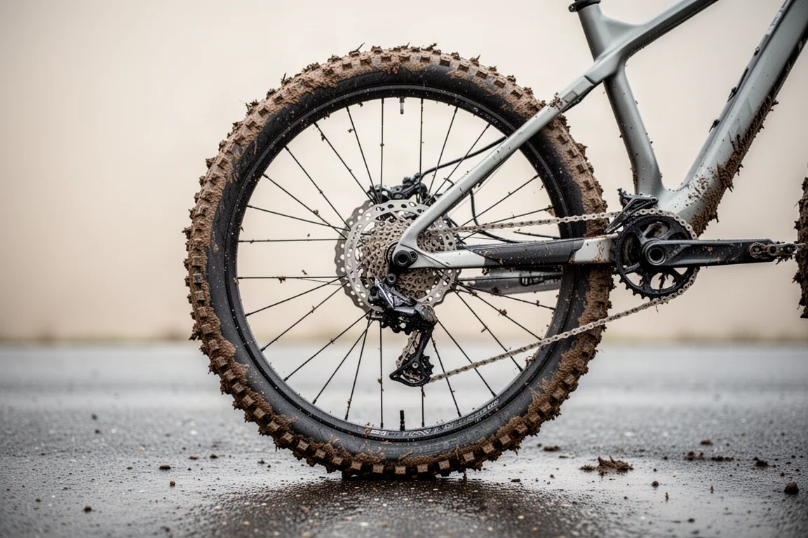 Close-up of a mountain bike rear wheel with smaller rim and fresh mud on the tire