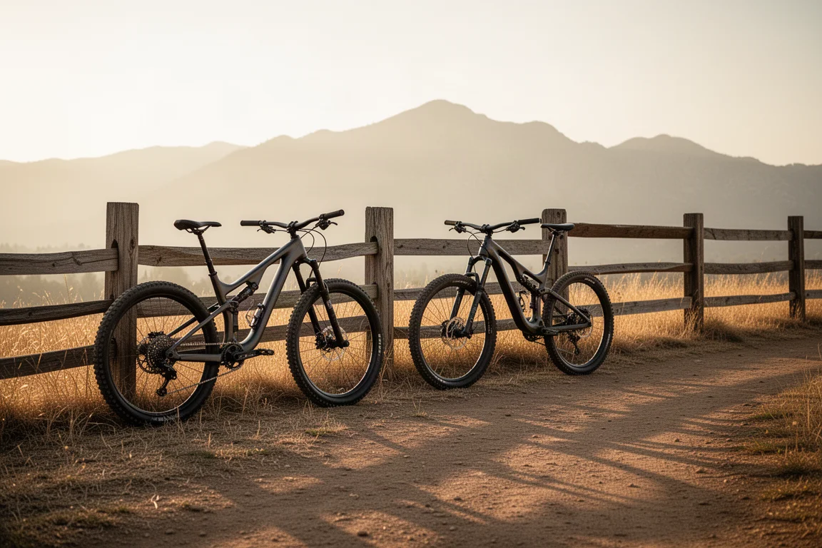 Two mountain bikes resting against a wooden fence at a trailhead at golden hour