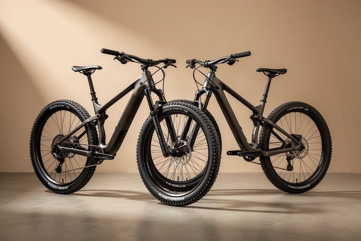 Due mountain bike full-suspension affiancate sul cemento, una con ruota posteriore più piccola
