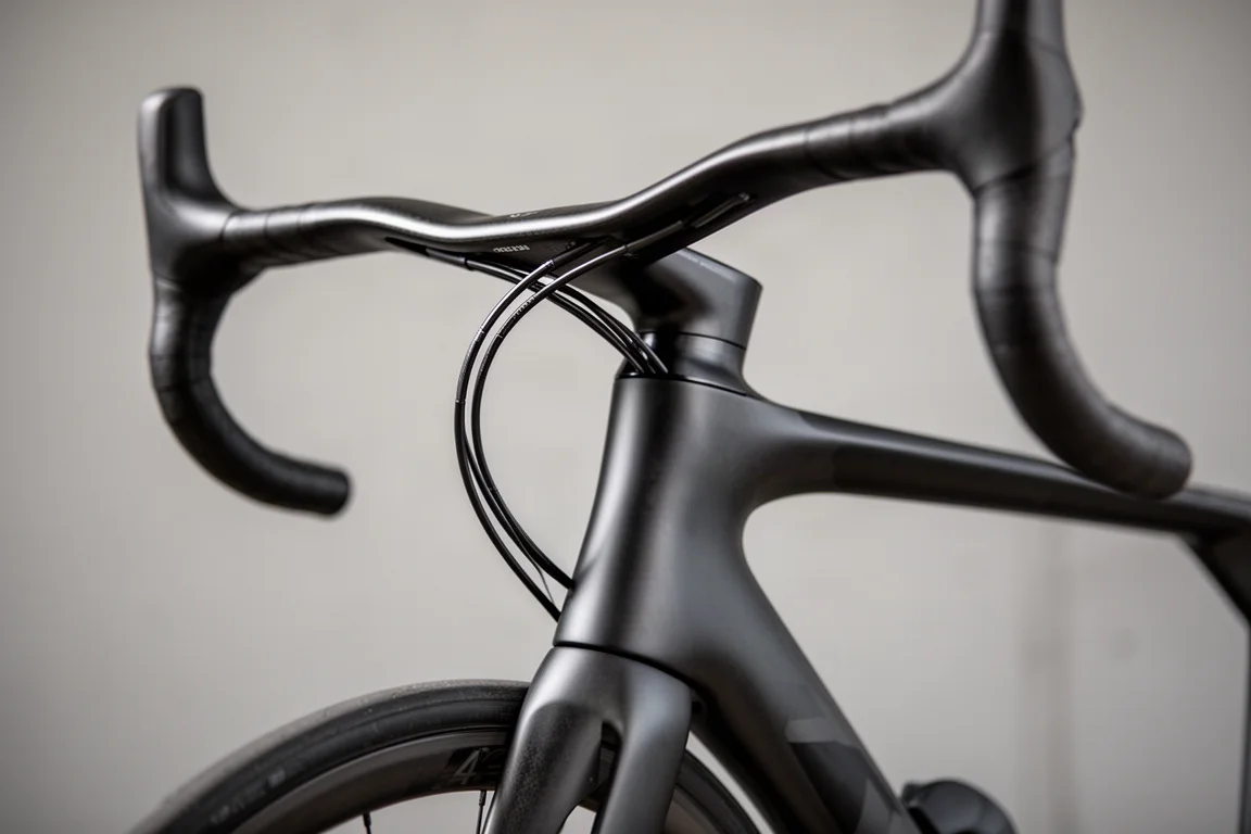 Close-up of an aero road bike cockpit with a wide V-shape handlebar