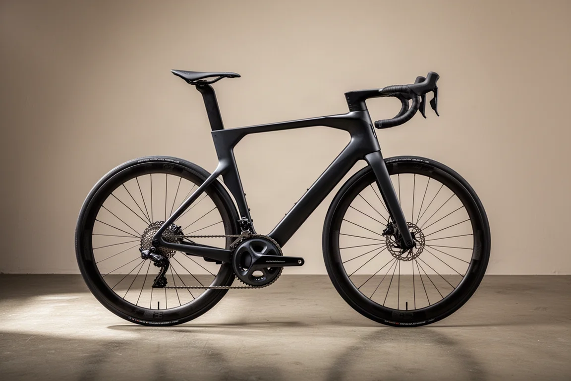 Aeroracefiets met diepe framebuizen en V-vormig stuur op een betonnen vloer