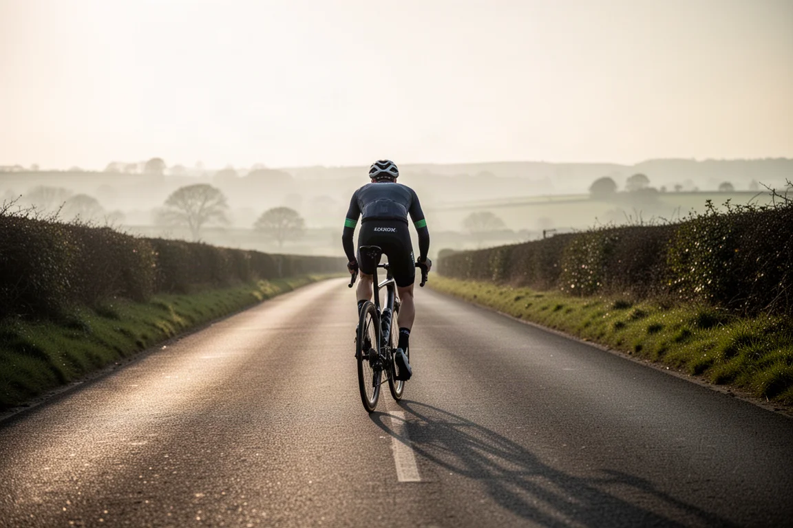 Road cyclist riding a race bike on an open country road at first light