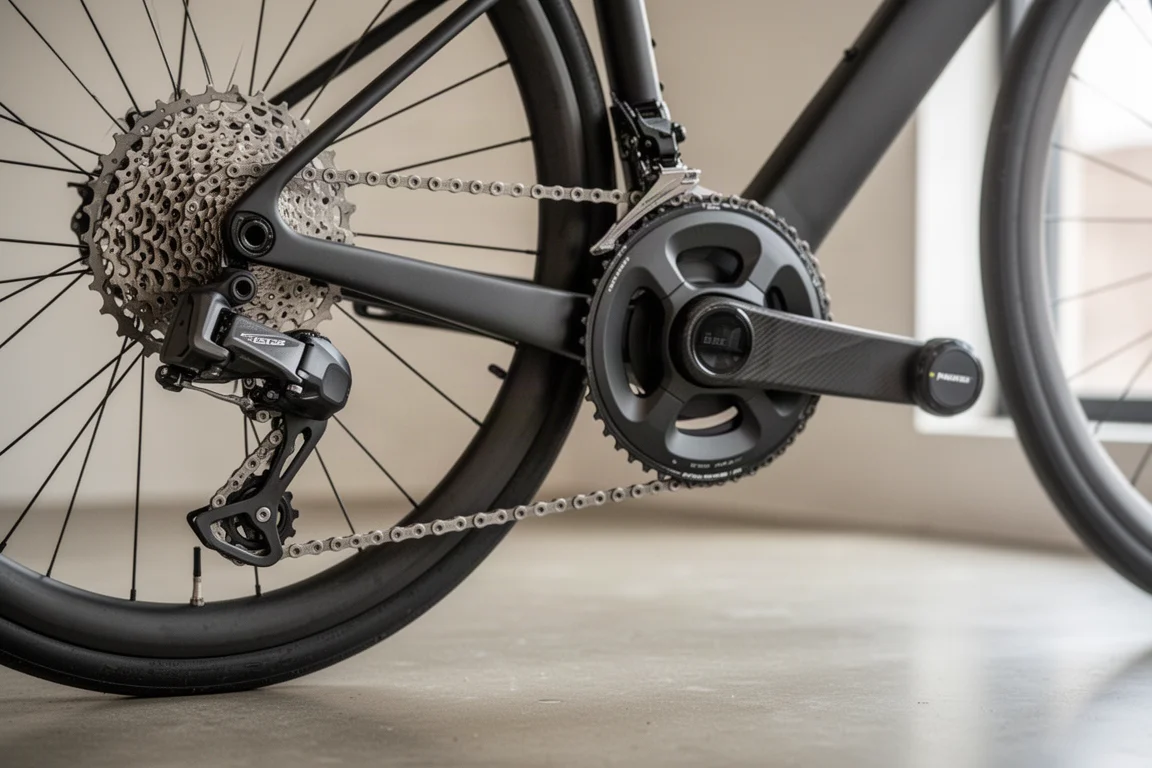 Close-up of a wireless electronic rear derailleur and crank-mounted power meter on a road bike