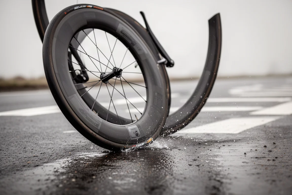 Low-angle close-up of a wide road tire cornering on damp asphalt