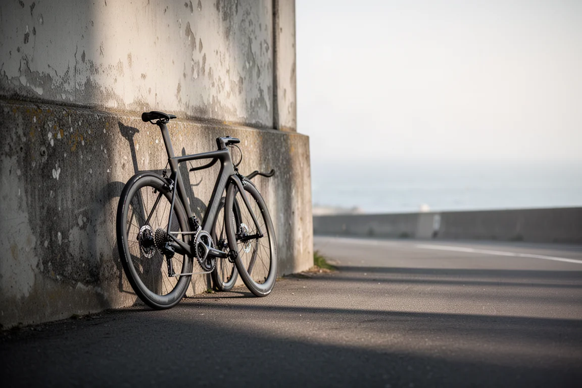 Race bike resting against a concrete wall beside a coastal road in morning light