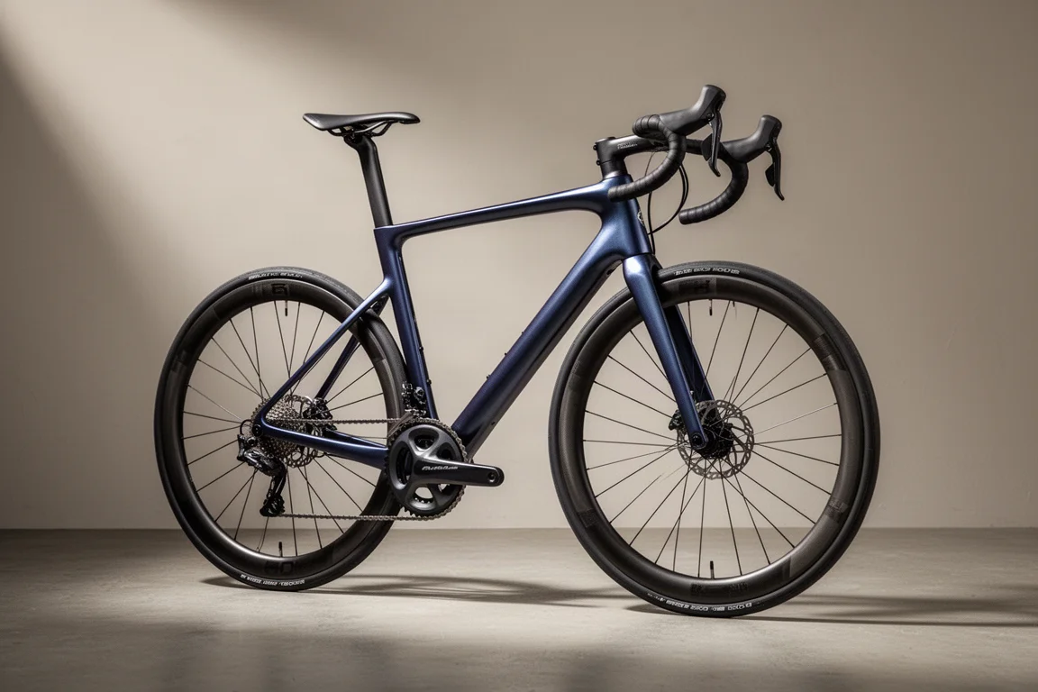 Bici da corsa leggera con telaio in carbonio di profilo su una superficie di cemento opaco