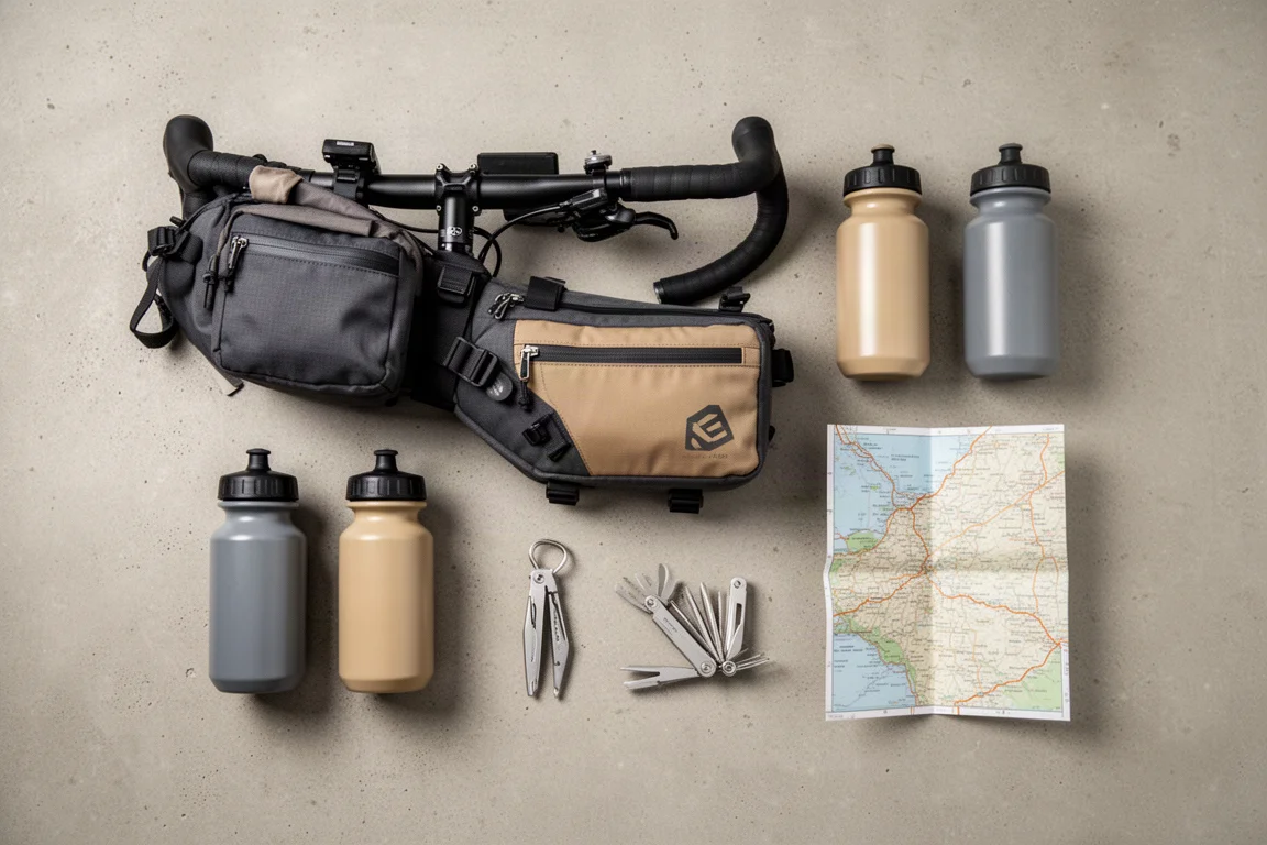 俯拍平铺:bikepacking 行李袋、水壶与工具摆放在混凝土上
