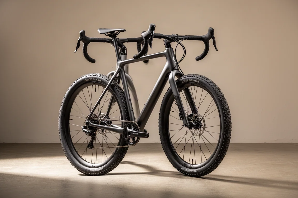Bici gravel in carbonio con manubrio drop svasato e pneumatici tassellati larghi su una superficie in cemento