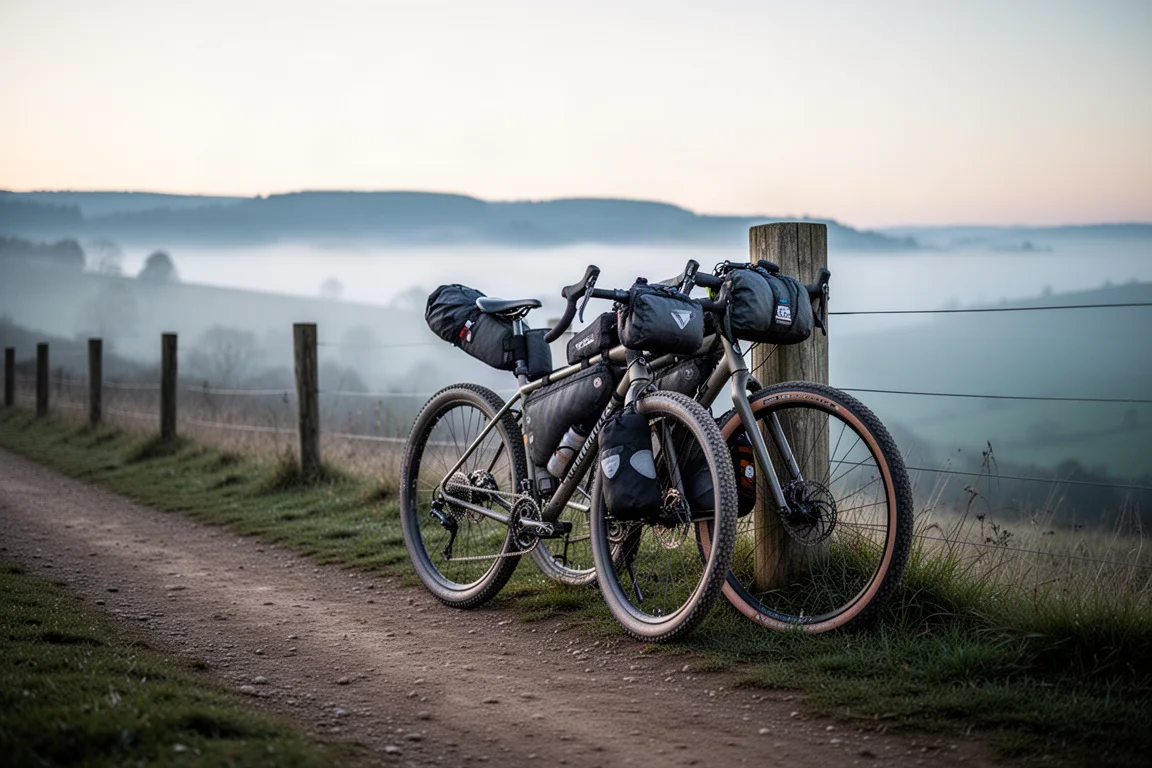Bepakte bikepacking-gravelbike leunend tegen een houten hek naast een grindpad