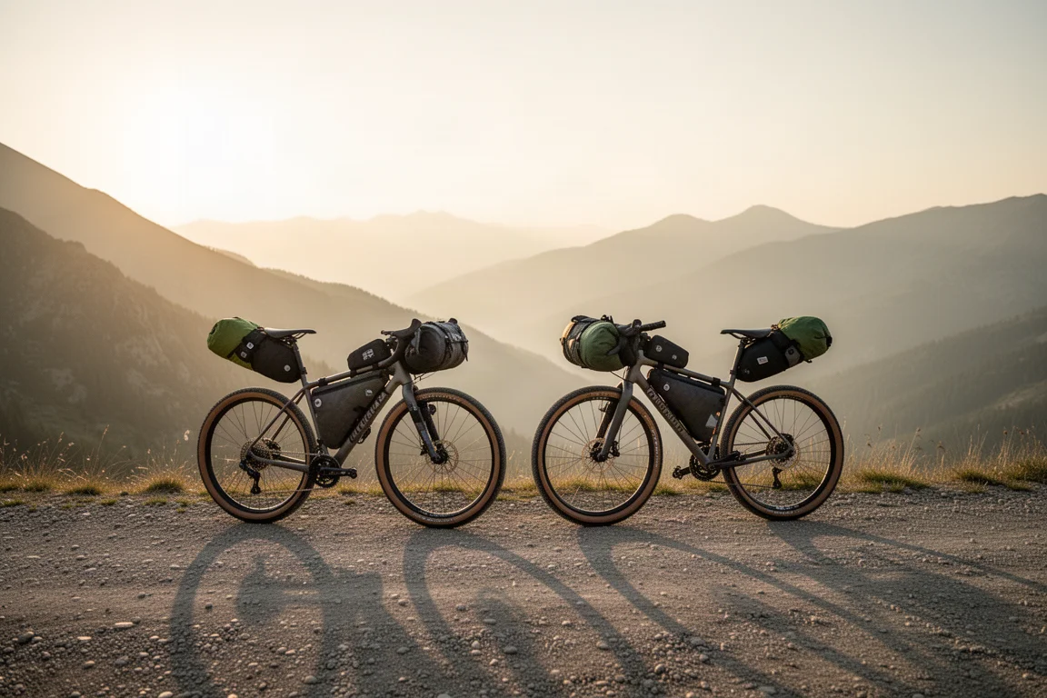 Twee bepakte gravelbikes tegen een stenen muur bij een splitsing van paden