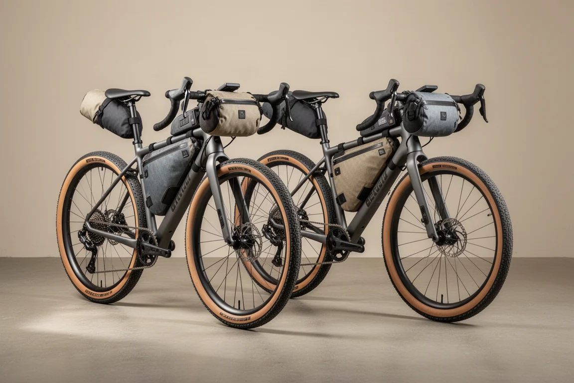 Twee carbon bikepacking-gravelbikes naast elkaar op een betonnen ondergrond