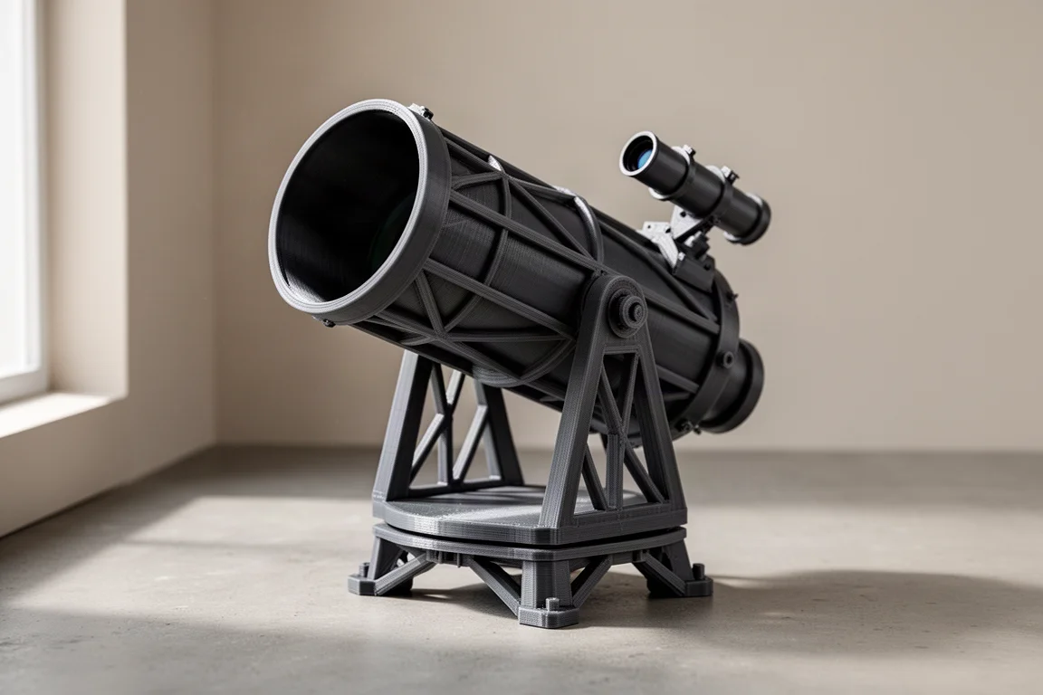 3D-printed Dobsonian telescope with open ribbed optical tube on a concrete surface