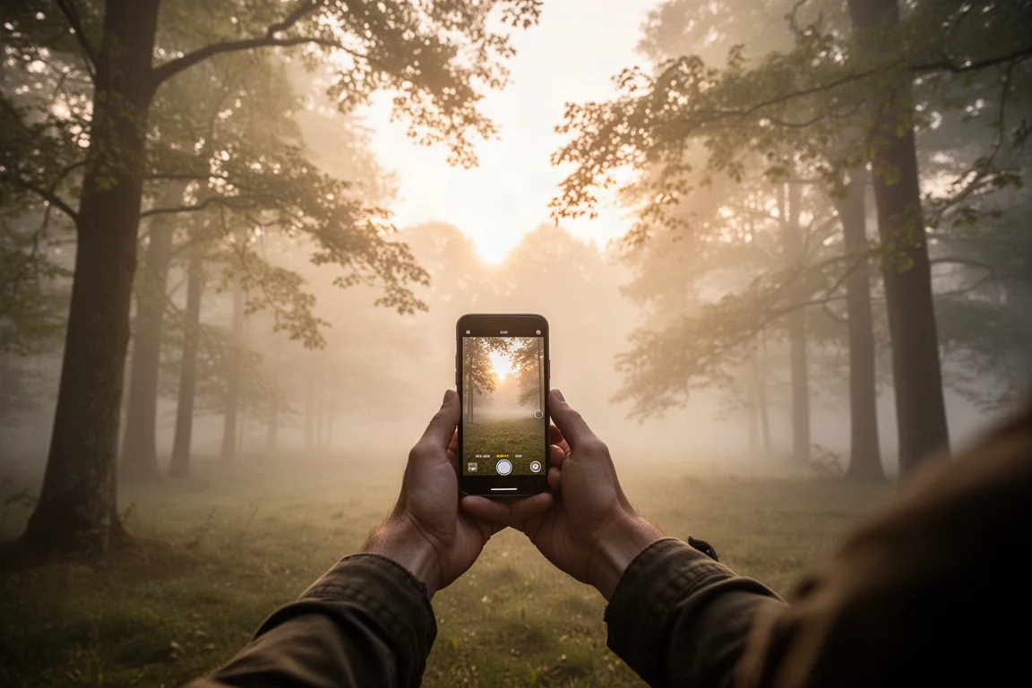 Bird watcher in a forest clearing at sunrise listening to birdsong