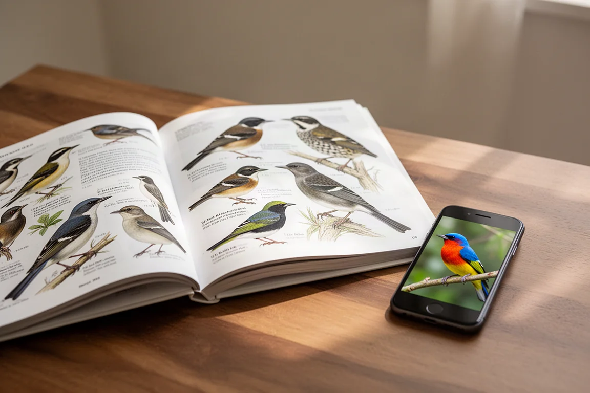 Field guide pages and bird illustrations on a wooden table