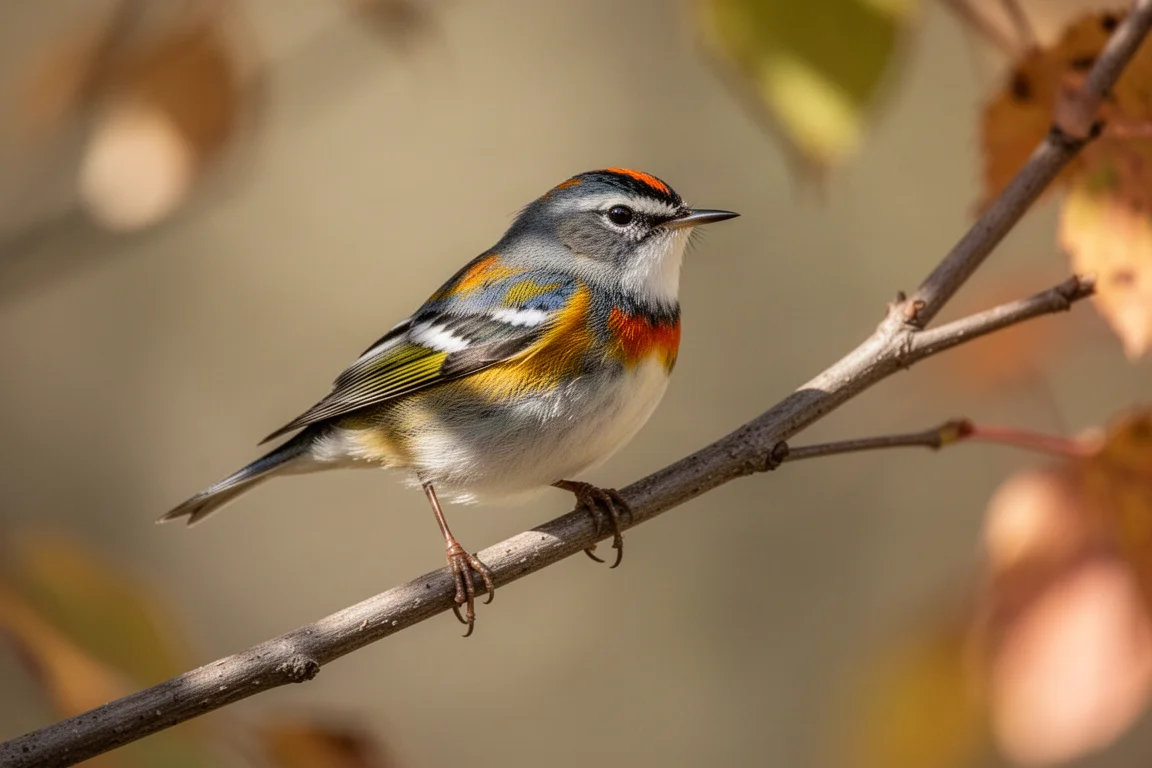 Warbler perched on a branch during autumn migration in soft light