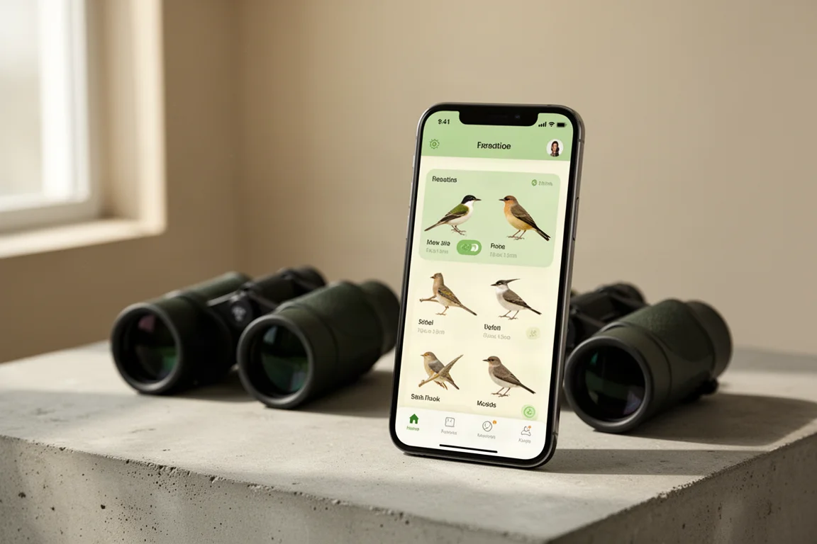 Smartphone mit einer Vogelbestimmungs-App neben einem Fernglas auf einer Betonfläche