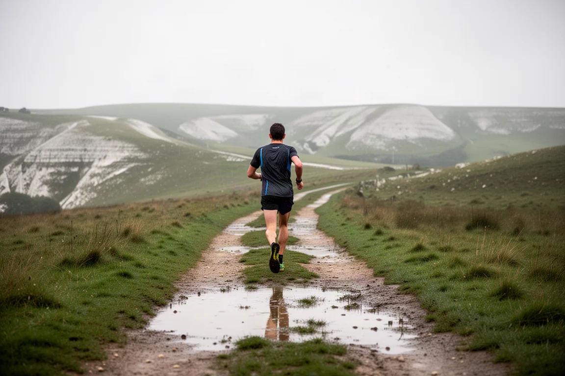 Corredor de trilha atravessando uma trilha de terra com poças no South Downs após a chuva