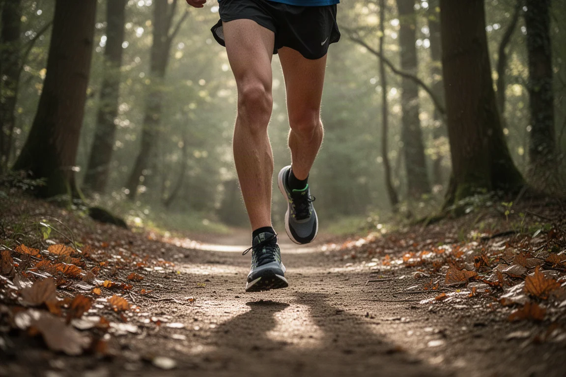 Trail runner su un sentiero forestale compatto tra bosco misto con luce morbida