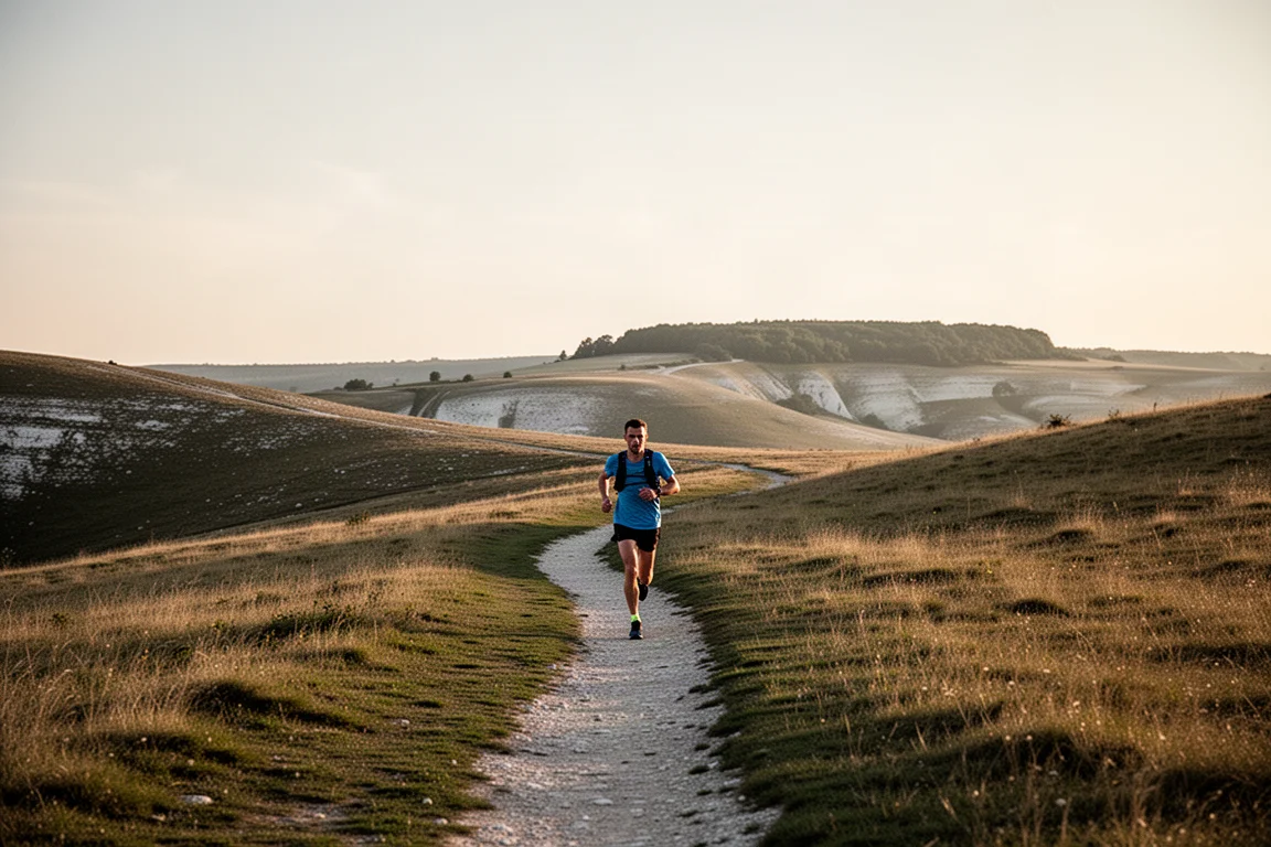 Runner su un sentiero collinare di creta con cielo ampio aperto nella luce del tardo pomeriggio