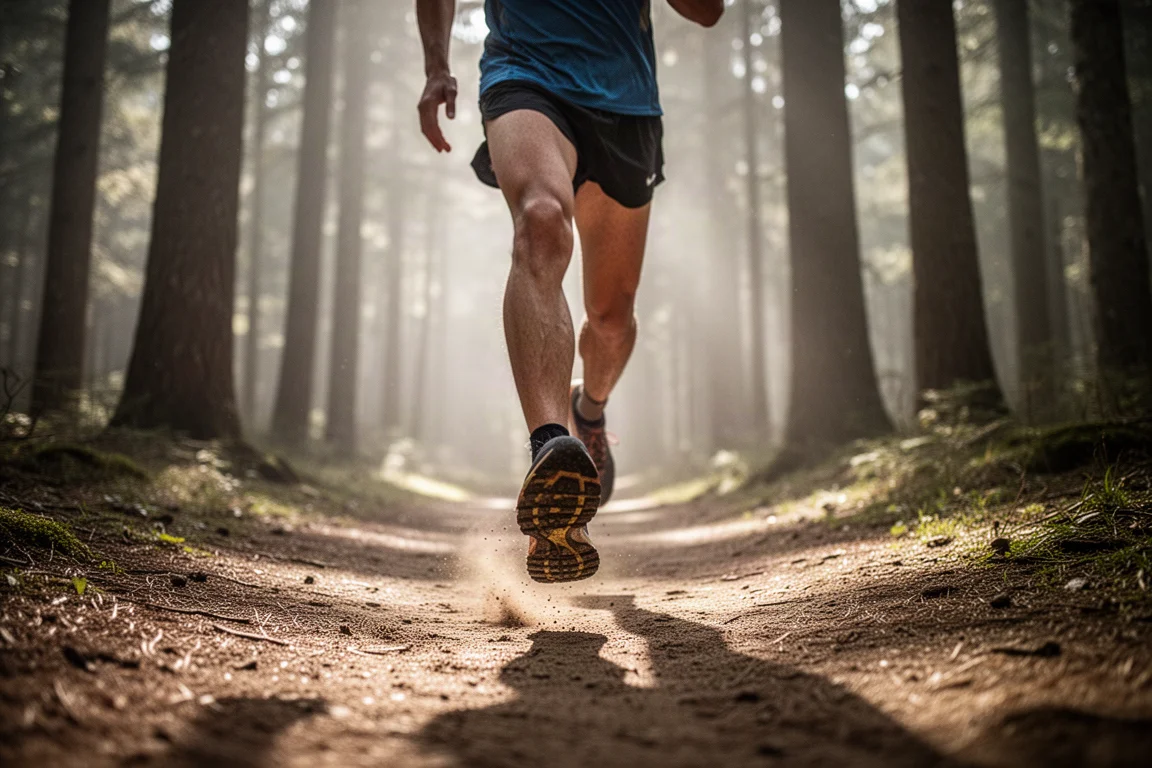 Corredor de trail avanzando por un sendero forestal compactado entre árboles con luz suave