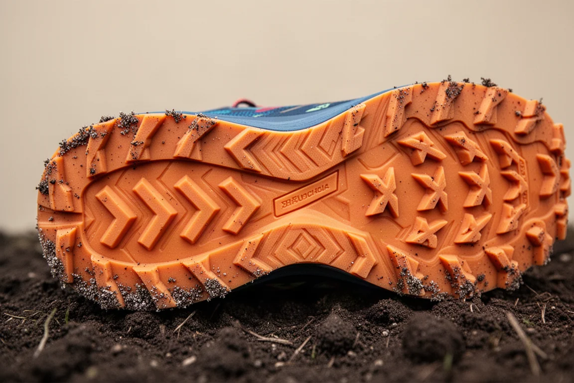 Primer plano de tacos profundos multidireccionales de zapatillas de trail cubiertos de lodo ligero