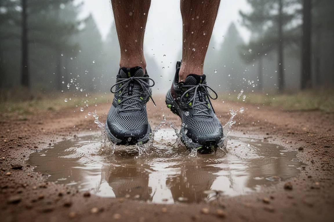 Piedi di un corridore che scia in una pozzanghera poco profonda su un sentiero