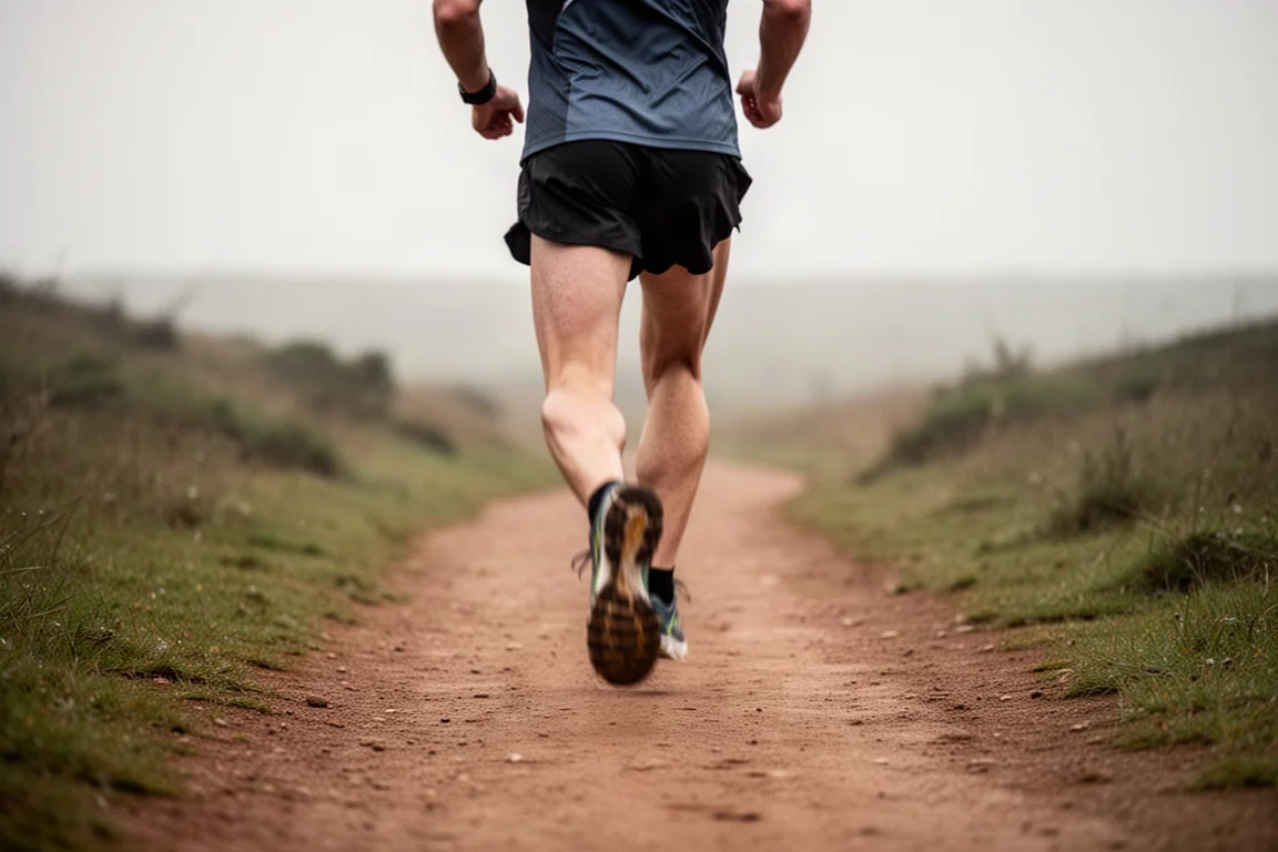 Trail runner in movimento rapido su un sentiero compatto in luce naturale